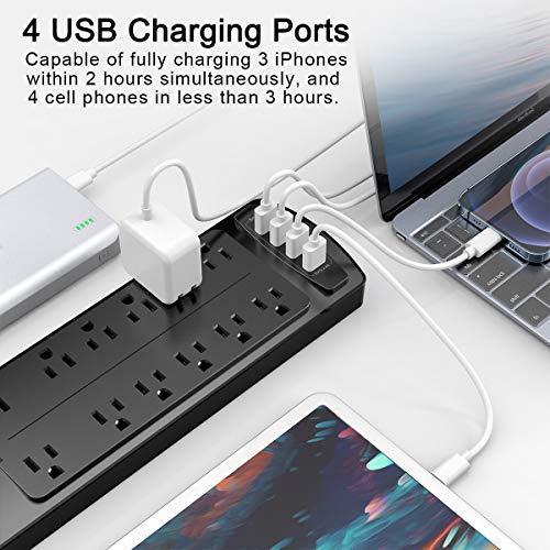 Power Strip, ALESTOR Surge Protector with 12 Outlets and 4 USB Ports, 6 Feet Extension Cord (1875W/15A), 2700 Joules, ETL Listed, Black…