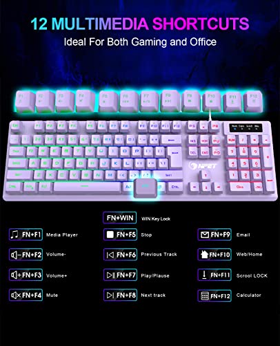 NPET K10 Gaming Keyboard, RGB Backlit, Spill-Resistant Design, Multimedia Keys, Quiet Silent USB Membrane Keyboard for Desktop, Computer, PC (Purple)