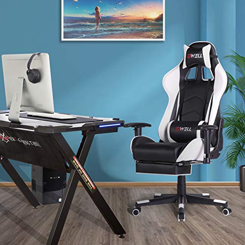 Gaming Chair, Computer Chair,Gamer Chair,Gaming Chair with Footrest,Gaming Chair for Adults,High Back Office Chair with Headrest and Massage Lumbar Support,White