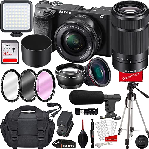 Sony A6400 Mirrorless Camera with E PZ 16-50mm f/3.5-5.6 OSS + E 55-210mm f/4.5-6.3 OSS Lens + LED Light + Microphone + 64Gb Memory Card + Professional Accessory Bundle