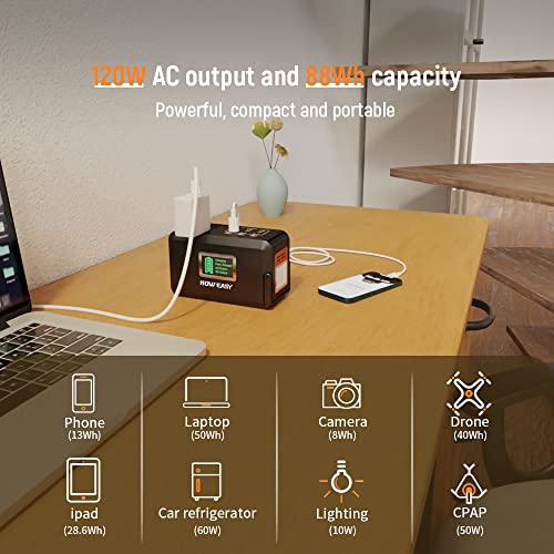 HOWEASY 120W Portable Power Station, 88WH Solar Generator, Lithium Battery Power with 2 110V AC (Peak 150W) Socket/ 3 DC Ports/2 USB QC3.0/LED Light for CPAP Outdoor Camping Trip Hunting Emergency