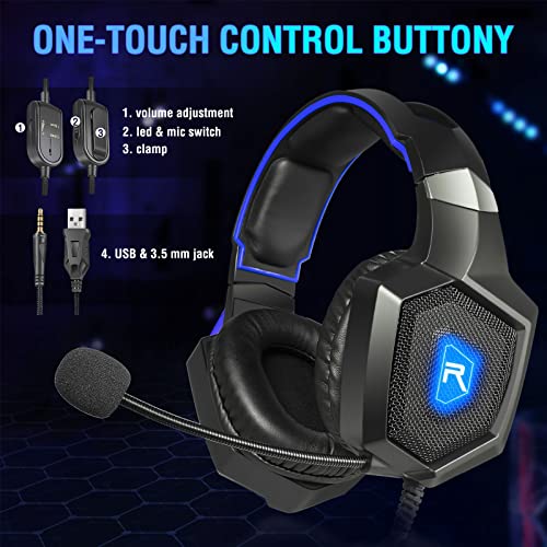 Gaming Headset with Microphone, Gaming Headphones for PS4 PS5 Xbox One PC, Playstation Headset with Noise Reduction Mic, LED Light 7.1 Surround Sound Over-Ear and Wired 3.5mm Jack (Blue)