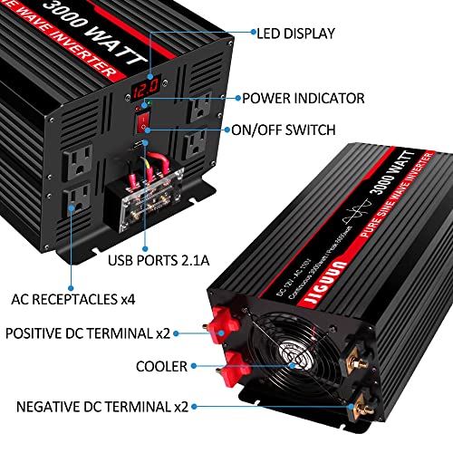 JIGUUN 3000 Watt Pure Sine Wave Inverter, Power Converter 12V DC to 110v/120v AC, Car Inverter with 4 AC Outlets&USB Port 170ft Wireless Remote Control for RV Camping Truck(3000W-12V)