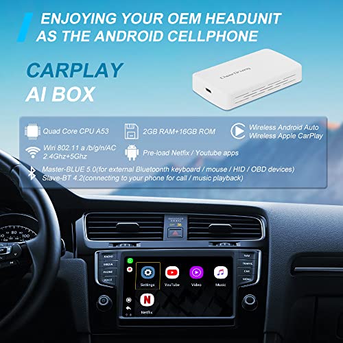 CheerDriving Wireless Android Auto/Wireless CarPlay for OEM Wired Carplay Touch Screen Cars CarPlay Wireless Adapter Support Netflix YouTube Plug&Play Multimedia Box Wireless CarPlay Adapter