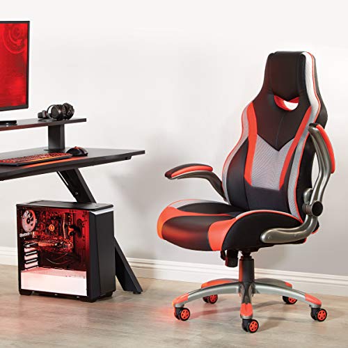 OSP Home Furnishings Uplink Ergonomic Adjustable High Back Faux Leather Gaming Chair with Thick Coil Spring Seat and Padded Flip Arms, Red Trim