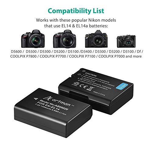 Artman EN-EL14 EN-EL14A Battery and USB Dual Charger Set for Nikon D3500, D3400, D3300, D3200, D3100, D5600, D5500, D5300, D5200, D5100, Coolpix P7000, P7100, P7700, P7800 Cameras (2-Pack 1300mAh)