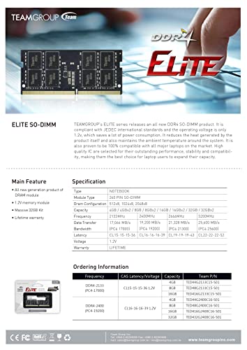 TEAMGROUP Elite DDR4 32GB Kit (2 x 16GB) 3200MHz PC4-25600 CL22 Unbuffered Non-ECC 1.2V SODIMM 260-Pin Laptop Notebook PC Computer Memory Module Ram Upgrade - TED432G3200C22DC-S01