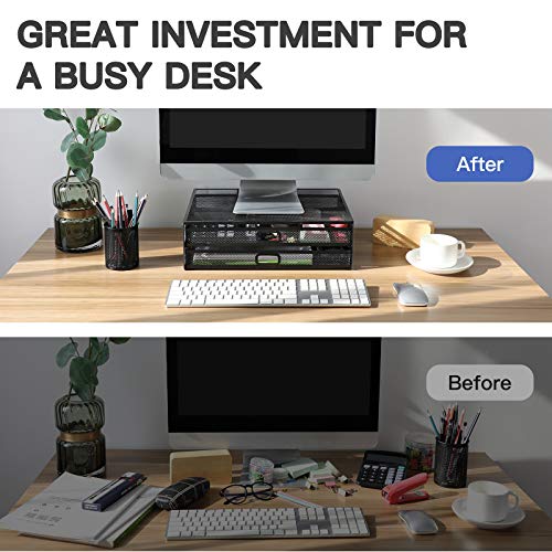 Monitor Stand, Monitor Stand with Drawer, Monitor Riser Mesh Metal, Desk Organizer, Monitor Stand with Storage, Desktop Computer Stand for PC, Laptop, Printer - HUANUO