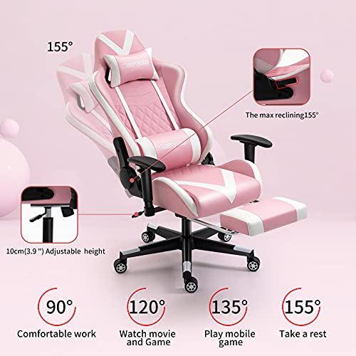 Darkecho Pink Gaming Chair with Footrest Massage Racing Office Computer Ergonomic Chair Leather Reclining Video Game Chair Adjustable Armrest High Back Gamer Chair with Headrest Lumbar Support Pink