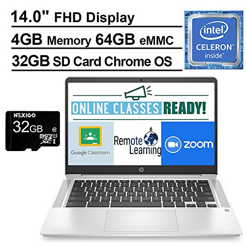 2021 Newest HP Chromebook 14 Inch FHD 1080P Laptop with Webcam, Intel Celeron N4000 up to 2.6 GHz, 4GB RAM, 64GB eMMC, Webcam, WiFi 5, Chrome OS + NexiGo 32GB MicroSD Card Bundle