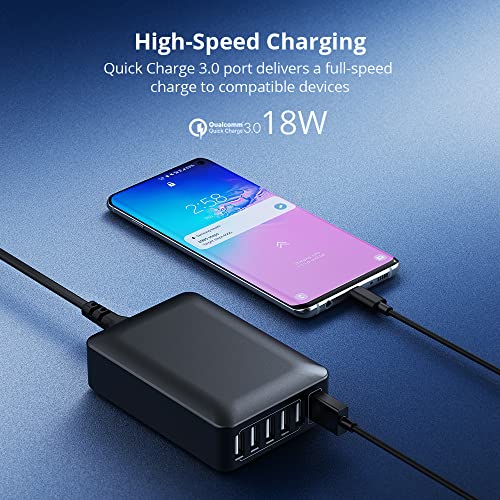 60W USB Charger QC 3.0 6-Port USB Charging Station Fast Desktop USB Charging Hub with Multi Port Compatible with iPhone 13 Pro Max Mini 12 Pro Max 11 X SE iPad Pro Air Galaxy S21 Note Tablet Black