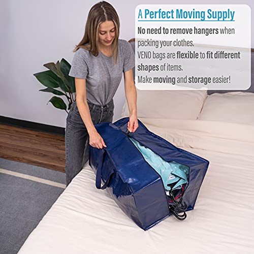 VENO Heavy Duty Extra Large Moving Bags W/ Backpack Straps Strong Handles & Zippers, Storage Totes For Space Saving, Fold Flat, Alternative to Moving Box, Made of Recycled Material (Blue - Set of 8)