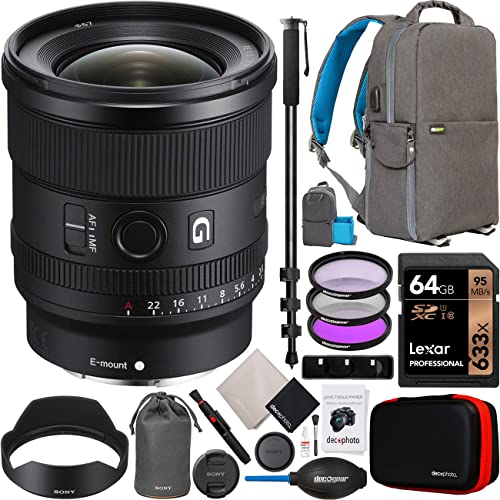 Sony FE 20mm F1.8 G Full Frame Ultra Wide Angle G Lens SEL20F18G Mirrorless E-Mount Cameras Bundle with Deco Gear Photography Backpack Case + Filter Kit + 64GB Card + Monopod + Accessories