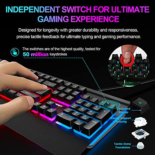 NPET K510 Gaming Keyboard, Wired LED Backlit Computer Keyboard with Ergonomic Wrist Rest, 12 Multimedia Keys & 19 Keys Anti-ghosting USB Full Size Rainbow Keyboard for Laptop/Desktop/PC