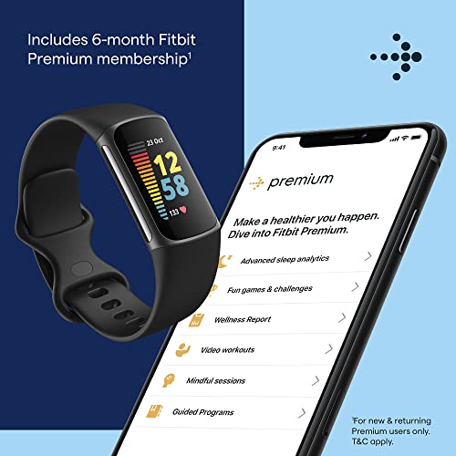 Fitbit Charge 5 Advanced Fitness & Health Tracker with Built-in GPS, Stress Management Tools, Sleep Tracking, 24/7 Heart Rate and More, Black/Graphite, One Size (S &L Bands Included)