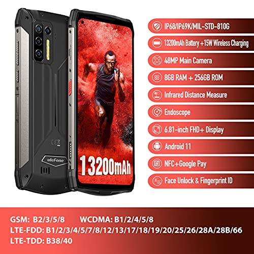 Rugged Smartphone, Ulefone Power Armor 13 with Endoscope, IP68 Waterproof Phone, 13200mAh Battery, 15W Wireless Charge, 48MP Four Rear Camera, 6.81" FHD+, 8GB + 256GB, Helio G95 Octa-core Android 11