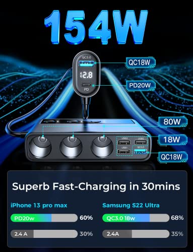 Car Charger Cigarette Lighter Splitter: Joyroom 154W 3 Socket Cigarette Lighter Adapter with PD/Dual QC 3.0 Ports, Separate Switch LED Voltage Display Car Charger Adapter for All Phones & Car Devices