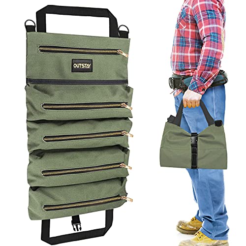 Roll Up Tool Bag Organizer - Canvas Tool Pouch Roll Multi Purpose Storage Hanging Rolling Carrier Kit for Wrench Motorcycle Cars Screwdriver Cables Camping Travel Electrician Tech Pockets Bucket Set