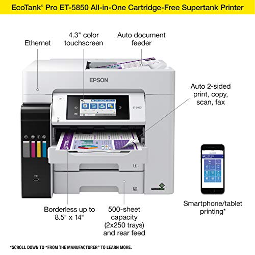 Epson EcoTank Pro ET-5850 Wireless Color All-in-One Supertank Printer with Scanner, Copier, Fax and Ethernet. Full 1-Year Limited Warranty (Renewed)