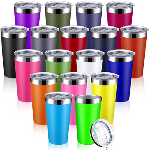 18 Pack Stainless Steel Tumblers Bulk with Lids, 16 oz Double Wall Vacuum Insulated Tumblers Travel Cup Water Coffee Mug for Cold Hot Drinks Office Outdoor, Dishwasher Safe Powder Coated, 18 Colors