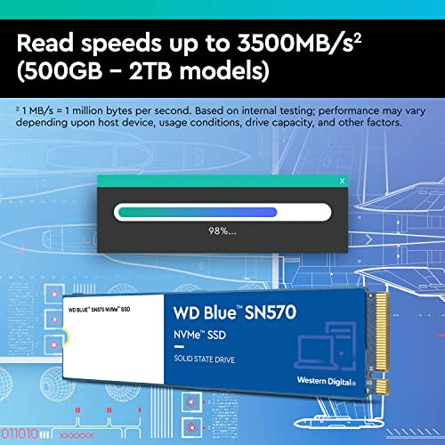 Western Digital 500GB WD Blue SN570 NVMe Internal Solid State Drive SSD - Gen3 x4 PCIe 8Gb/s, M.2 2280, Up to 3,500 MB/s - WDS500G3B0C