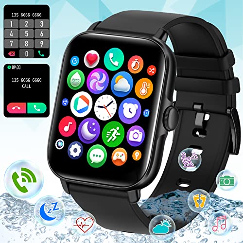 Smart Watch,Fitness Watch with Blood Pressure Heart Rate Monitor 1.7" Bluetooth Phone Watch(Make/Answer Call) with AI Voice Control, IP67 Waterproof Smartwatch for Android iOS Phones Men Women Black