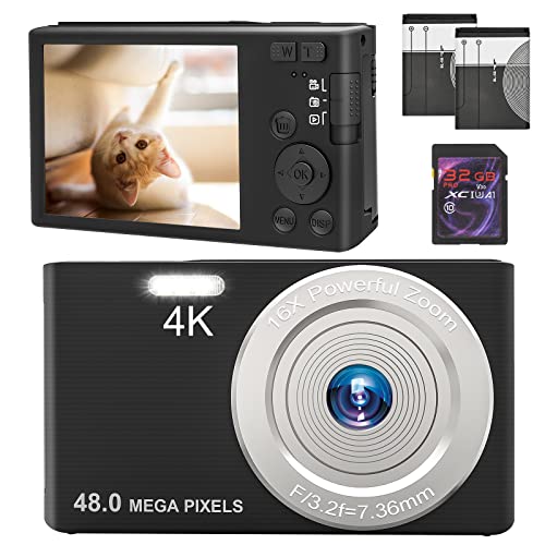 4K Digital Camera 48 MP Camera with 32GB SD Card, 16x Digital Zoom and Autofocus Compact Camera (2 Batteries)