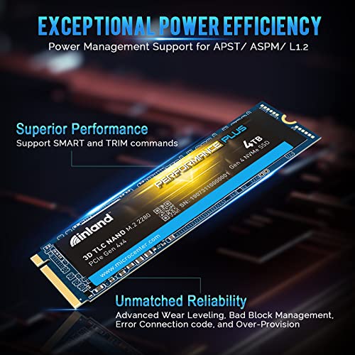 INLAND Performance Plus 4TB PS5 SSD PCIe NVMe 4.0 x 4 M.2 2280 TLC 3D NAND Internal Solid State Drive, R/W Speed up to 7200MB/s and 6800MB/s, 3000 TBW