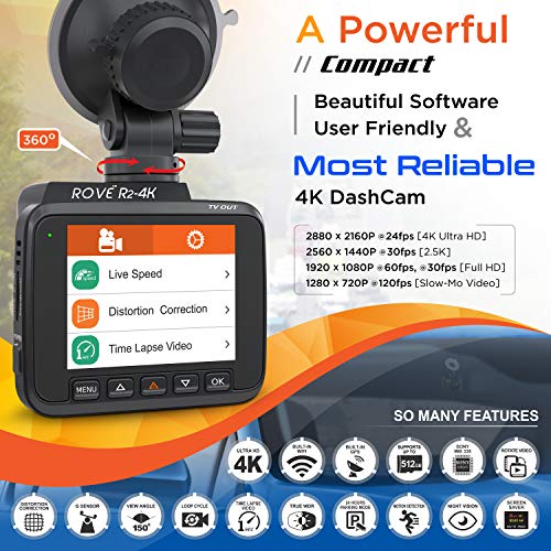 Rove R2- 4K Dash Cam Built in WiFi GPS Car Dashboard Camera Recorder with UHD 2160P, 2.4" LCD, 150° Wide Angle, WDR, Night Vision