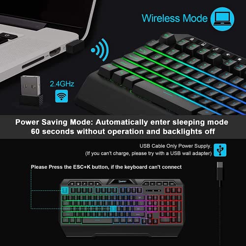 NPET K32 Wireless Gaming Keyboard RGB with Wrist Rest - Long-Lasting Rechargeable Battery - Quick and Quiet Typing - Water Resistant Backlit Wireless Keyboard for PC PS5 PS4 Xbox One Mac - Black