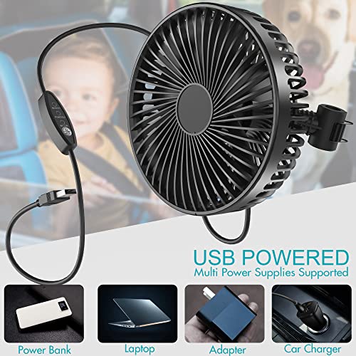 Car Fan for Backseat, 6-inch USB Powered Car Seat Fan, 3 Speeds & 360° Rotatable, Powerful Air Circulation Fan with Adjustable Holder for Vehicles like Sedan, SUV, RV, Pickup