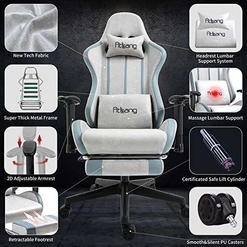 Atbang Gaming Chair Ergonomic Massage PC Office Chair with footrest Racing Computer Chair Reclining Game Chair for Adults Adjustable 2D Armrests 330lbs Heavy Duty, Leath-Aire Fabric,Grey&Blue