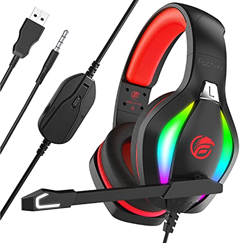 Fachixy Gaming Headset for PS4 PS5 Xbox One PC Nintendo Switch, Stereo Sound Gaming Headphones, Xbox Headset with RGB Light, PS4 Headset with Mic, Noise Cancelling Headphones with 3.5mm Jack (Red)