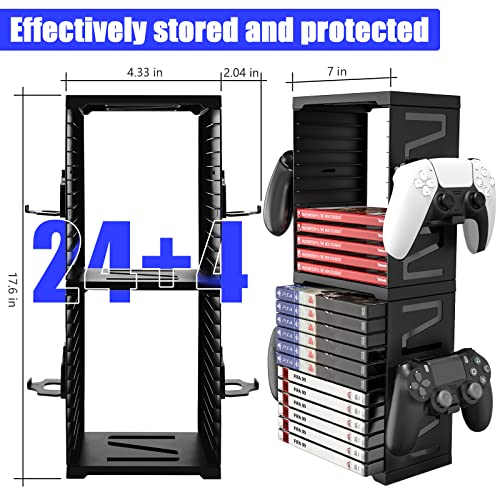 SIKEMAY Game Storage Tower for PS5/ PS4/ Xbox Series S & X/Xbox, Universal Video Games Discs Organizers 24 PCS with 4 Controllers Holder, Game Disk Box Stand Rack Accessories - Black