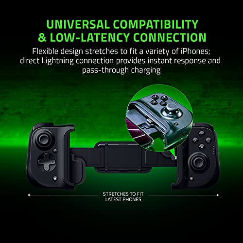 Razer Kishi Mobile Controller for iPhone iOS: Works with iPhone X, 11, 12, 13, and 13 Max - Includes 1 Month Xbox Game Pass Ultimate, xCloud, Stadia, Luna - Lightning Port Passthrough - MFi Certified