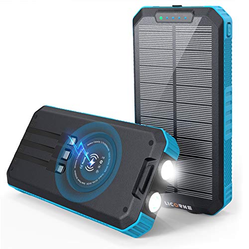 Solar Charger 36800mAh Solar Power Bank Wireless Portable Charger Quick Charge 3.0 Type C Input Port with 6 Outputs, Dual Flashlight External Battery Portable Charger Power Bank for iOS and Android