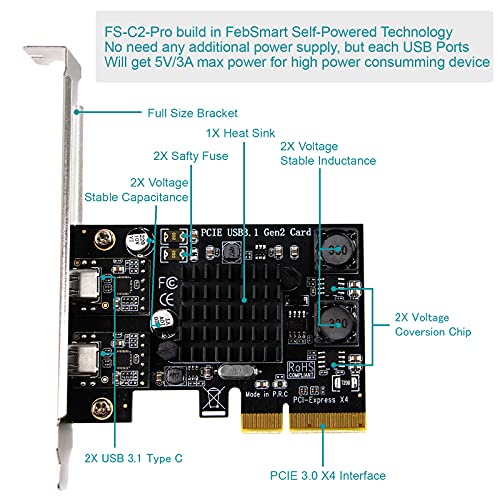 FebSmart 2X 10Gbps Max Speed USB-C Ports PCIE USB 3.1 Gen 2 Expansion Card for Windows, MAC OS and Linux Systems-Build in FebSmart Self-Powered Technology, No Need Additional Power Supply (FS-C2-Pro)