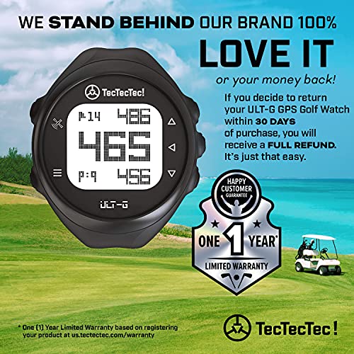 TecTecTec ULT-G Stylish, Lightweight and Multi-Functional Golf GPS Watch, Durable Wrist Band with LCD Display, Worldwide Preloaded Courses - Black