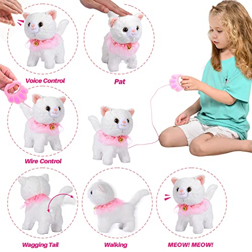 Remote Control Electronic Plush Cat Toy Pet for Girls Kids Interactive Toys, Walks, Barks, Pretend Dress Up Realistic Stuffed Animal for Age 3 4 5+ Years Old Best Gift (Cat-White)