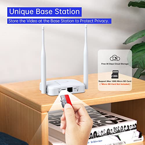 [3MP Night Vision+Motion Detection] Wireless Solar Security Camera System for Home Outdoor (4 Cameras with Base Station), 2-Way Audio, APP Remote, IP65 Waterproof, SD/Cloud Storage