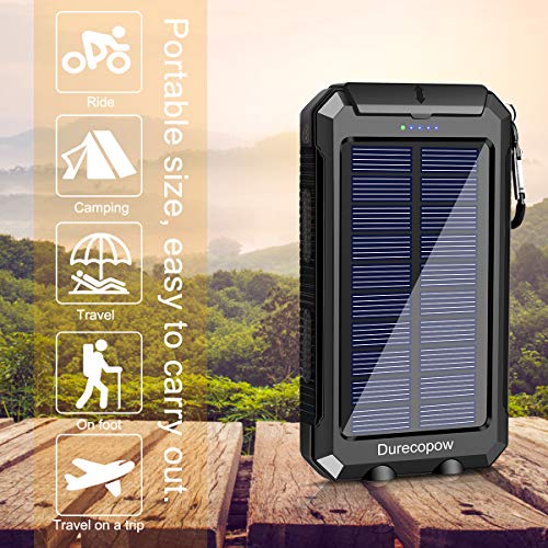 Solar Charger, Durecopow 20000mAh Portable Outdoor Waterproof Solar Power Bank, Camping External Backup Battery Pack Dual 5V USB Ports Output, 2 Led Light Flashlight with Compass (Black)