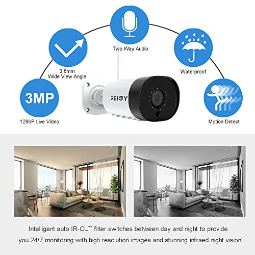 3MP Wireless Security Camera System with Two Way Audio, REIGY 2K WiFi Home Surveillance Set, 8 Channel NVR CCTV Kit for Outdoor/Indoor IP66 Waterproof Night Vision Motion Detection 1TB Hard Drive