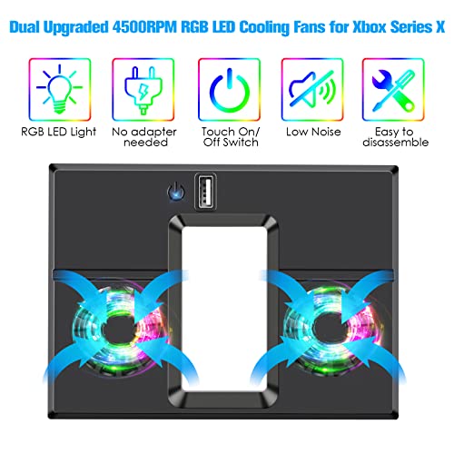 Vertical RGB LED Cooling Fan for Xbox Series X Console, Upgraded External USB Powered Cooling System Accessories Cooler Stand for Xbox Series X, Dual 4500RPM Fan, On/Off Touch Button, 2.0 USB Hub Port