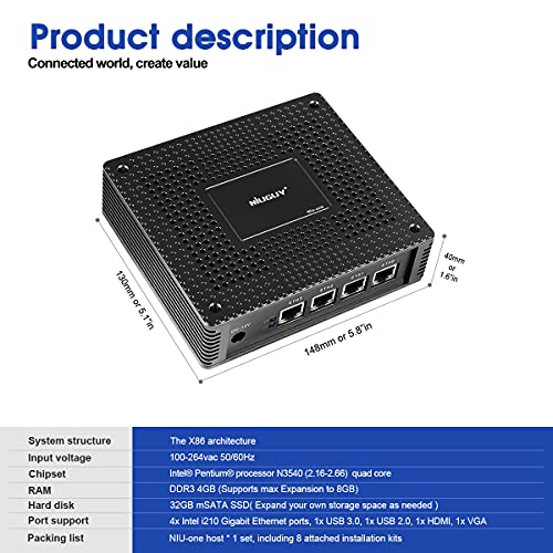NiuGuy® 4 Port, Firewall Micro Appliance/Mini PC, VPN, Router, IPC, Intel Pentium N3540 4-core, AES-NI, 4GB RAM, 32GB mSATA SSD（Black）