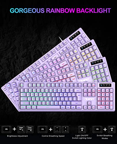 NPET K10 Gaming Keyboard, RGB Backlit, Spill-Resistant Design, Multimedia Keys, Quiet Silent USB Membrane Keyboard for Desktop, Computer, PC (Purple)