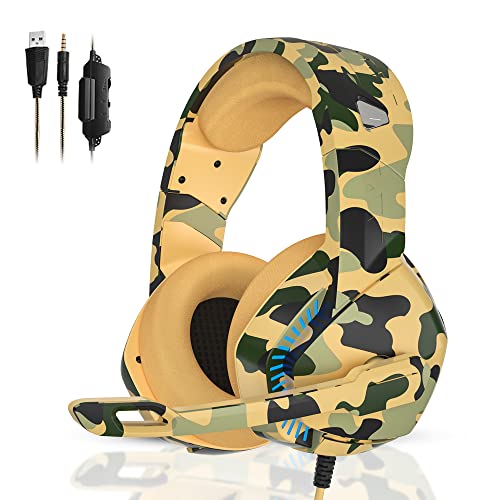 PS4 Gaming Headset with 7.1 Surround Sound, Xbox One Headset with Noise Canceling Mic & LED Light, PHOINIKAS H3 Over Ear Headphones, Compatible with Nintendo Switch, PC, PS4, Xbox One, Laptop (Camo)