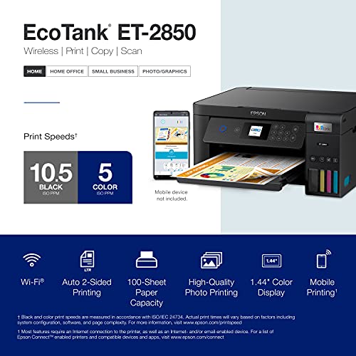 Epson EcoTank ET-2850 Wireless Color All-in-One Cartridge-Free Supertank Printer with Scan, Copy and Auto 2-Sided Printing – The Perfect Family Printer - Black