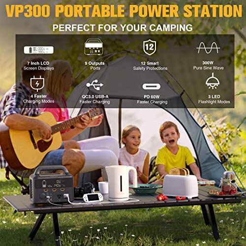 VTOMAN VP300 Portable Power Station, 299Wh Solar Generator (Solar Panel Not Included) 110V/300W Outdoor Backup Lithium Battery Pack with AC/DC Output, 7" Screen, LED Light for Camping CPAP