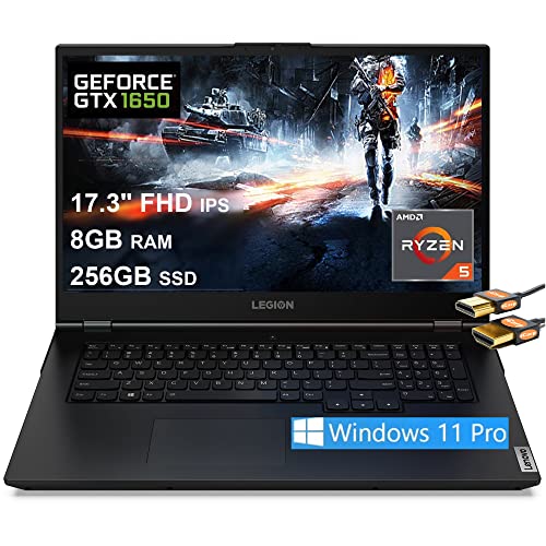 Lenovo Legion 5 17 Gaming Laptop 17.3" FHD IPS Display AMD Hexa-Core Ryzen 5 5600H (Beats i7-10750H) 8GB RAM 256GB SSD GeForce GTX 1650 4GB Backlit USB-C Nahimic Win11 Pro Black + HDMI Cable