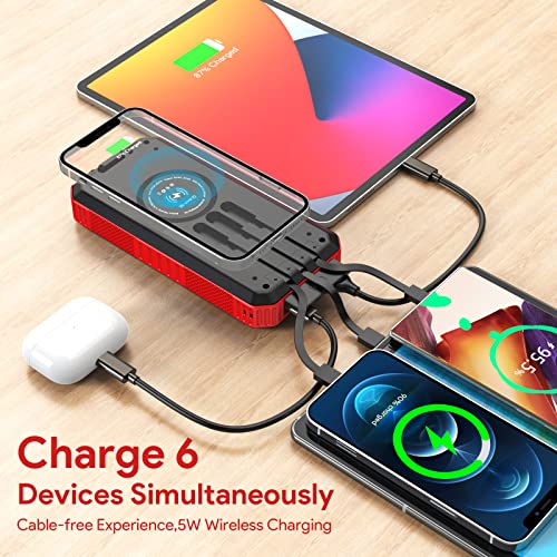 Solar Charger 36800mAh Solar Power Bank Wireless Portable Charger Quick Charge 3.0 Type C Input Port with 6 Outputs, Dual Flashlight External Battery Charger Power Bank for iOS and Android Red